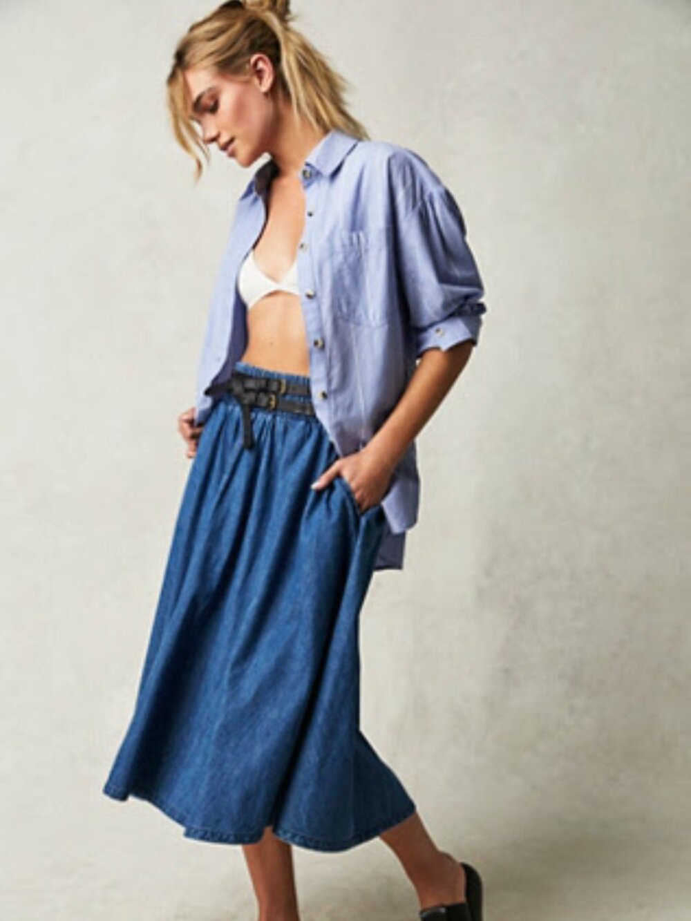 NWT Free People We The Free Denim Full Skirt in Dark Blue